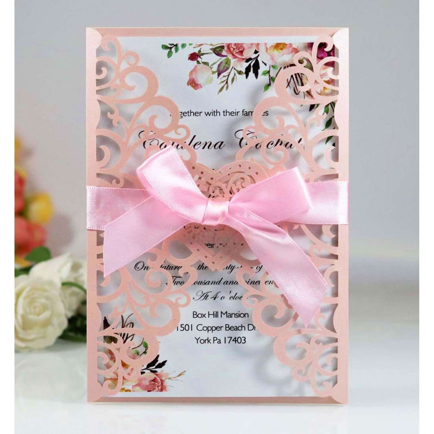 Holiday Greeting Card  Marriage Invitation With Ribbon Bow Laser Cut Paper